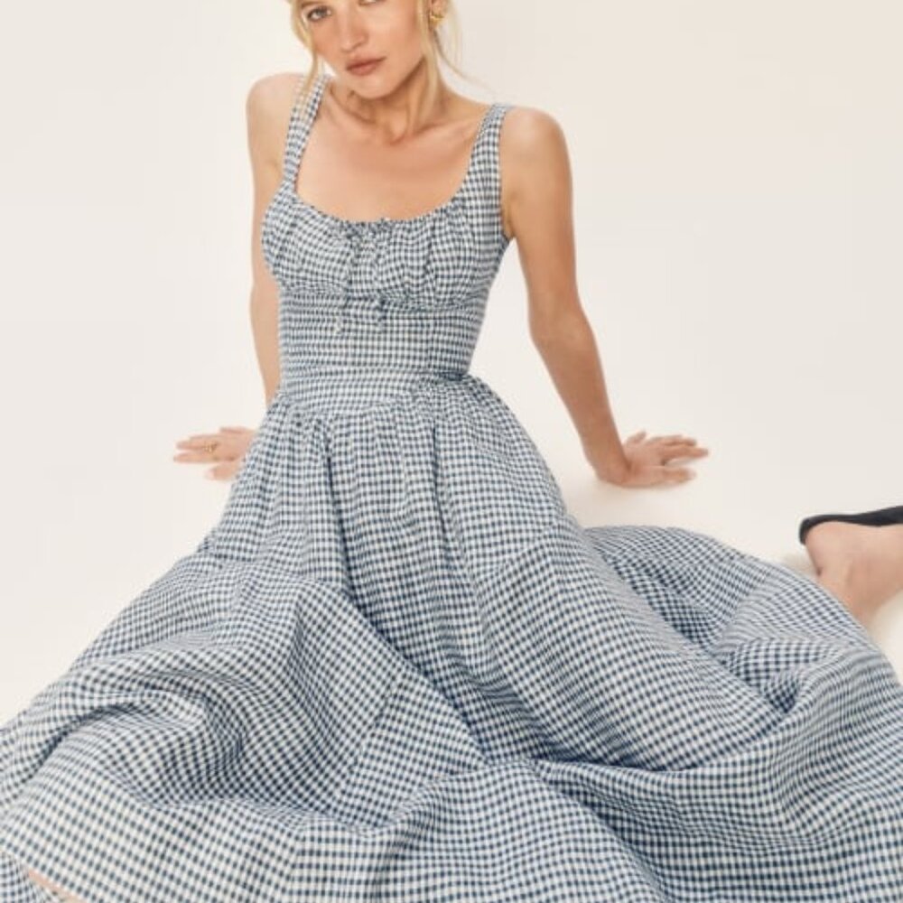 NEW Reformation Balia Linen Dress - Slate Check